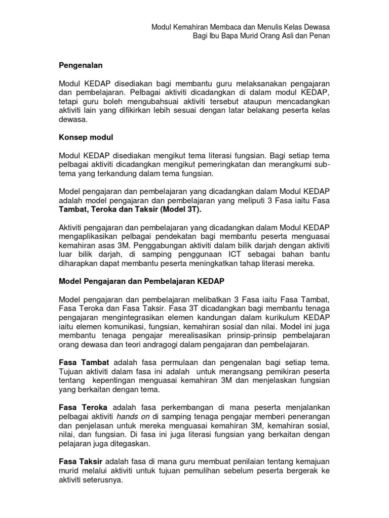 Modul Kemahiran Membaca dan Menulis Kelas Dewasa Bagi