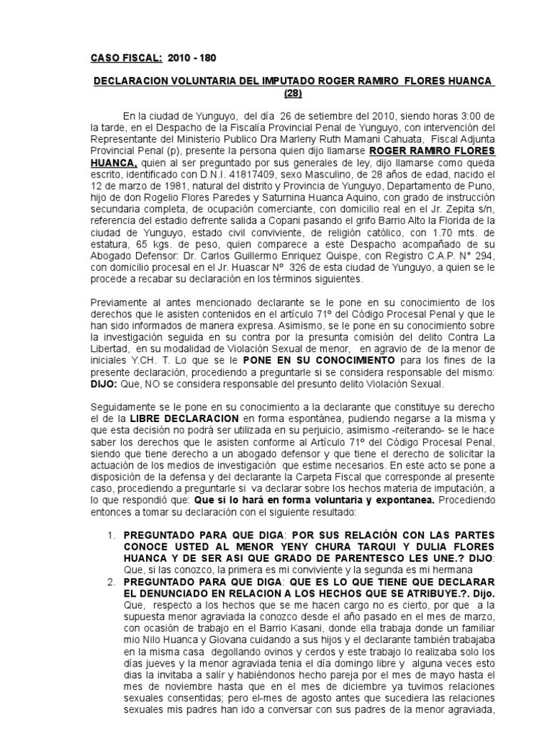Declaración de Roger R. Flores Huanca | PDF | Violación | Derecho penal