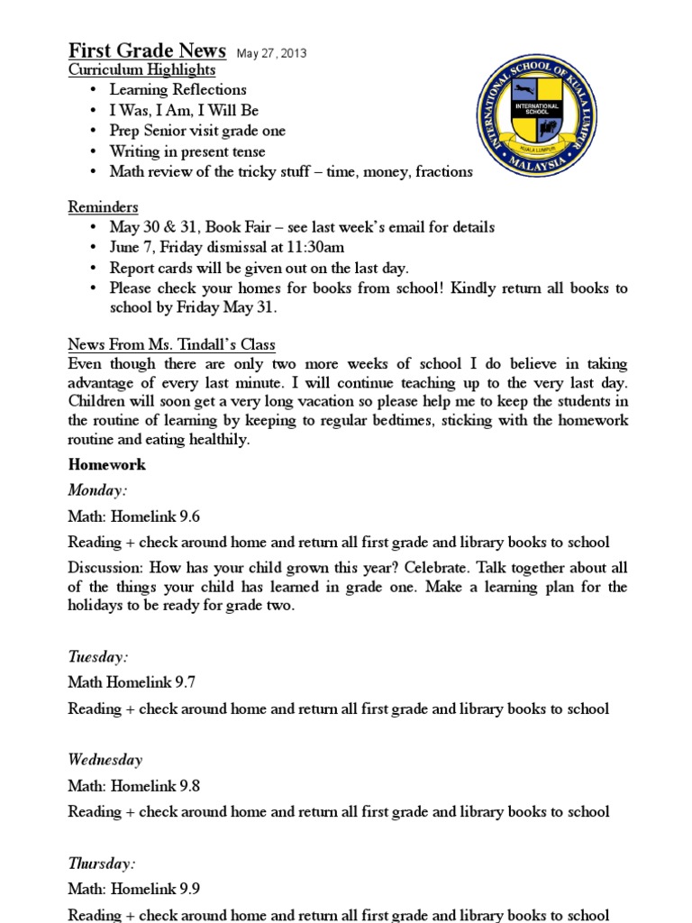 First Grade News: Homework | PDF