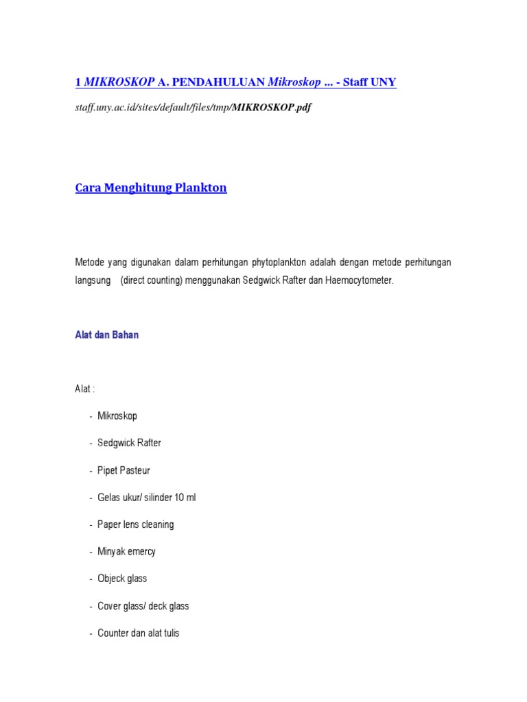 Penghitungan Plankton dengan Sedgwick Rafter | PDF