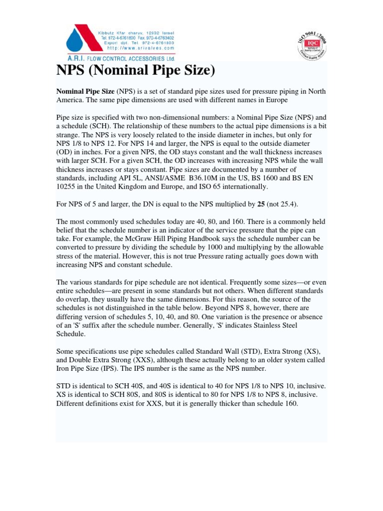 Nominal Pipe Size | PDF | Pipe (Fluid Conveyance) | Chemical Engineering