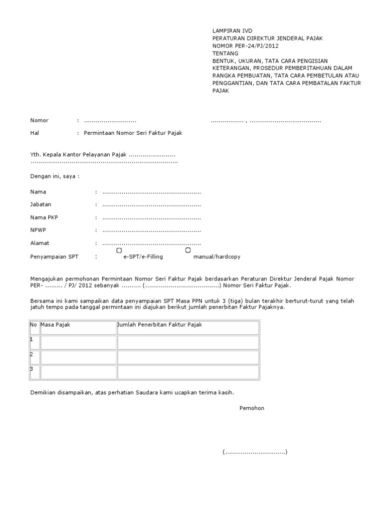 Contoh Surat Pemberitahuan Nomor Seri Faktur Pajak Yang