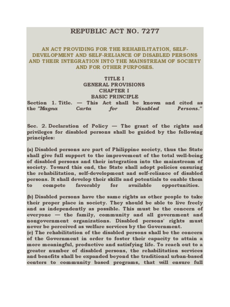 Magna Carta for Disabled Persons (RA 7277) | PDF | Rehabilitation ...