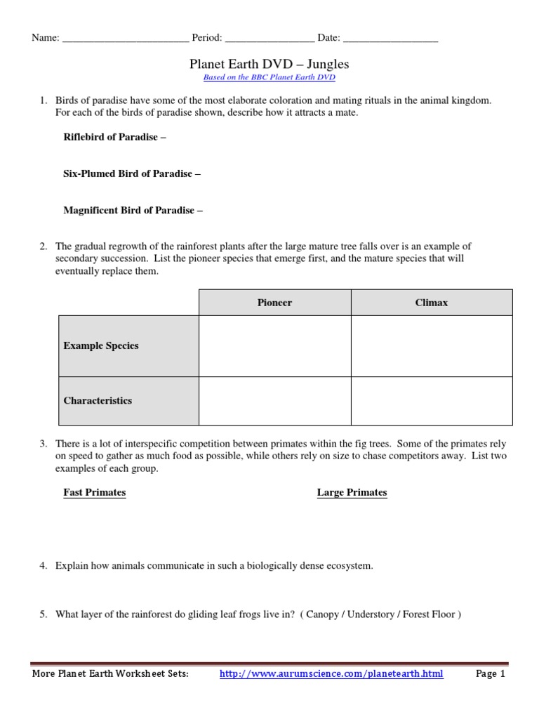 Planet Earth Dvd Jungles Worksheet Answers