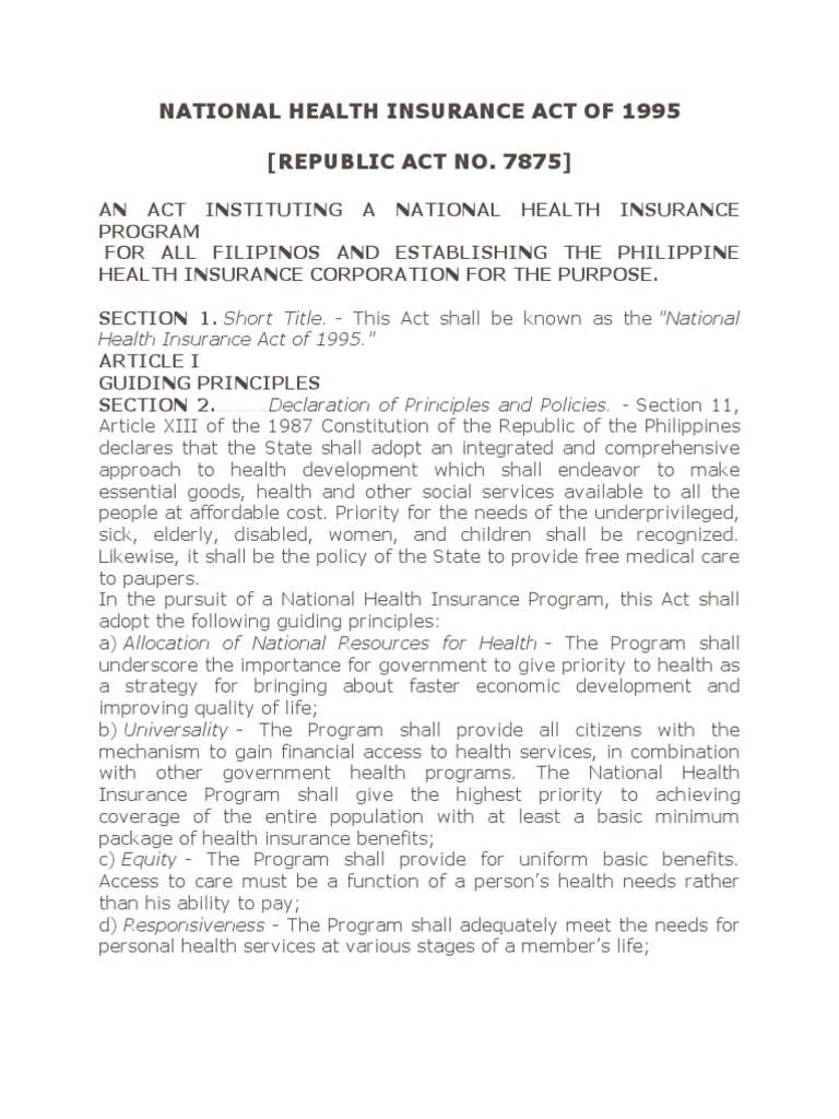 RA 7875- National Health Insurance Act of 1995 | Medicare (United ...