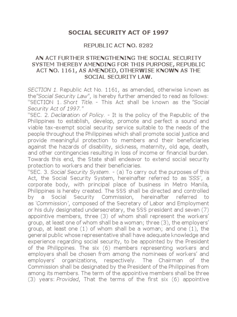 RA 8282 Social Security Act of 1997 Pension Employment Free 30