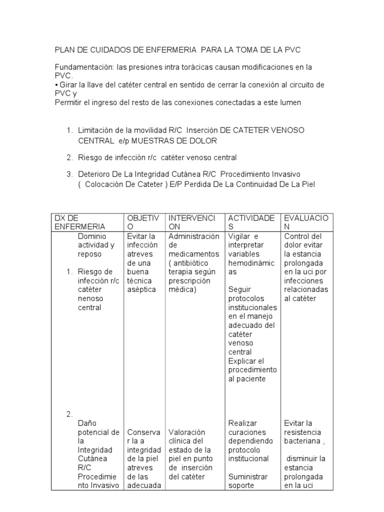 Plan de Cuidados de Enfermeria Para La Toma de La Pvc Medicina de