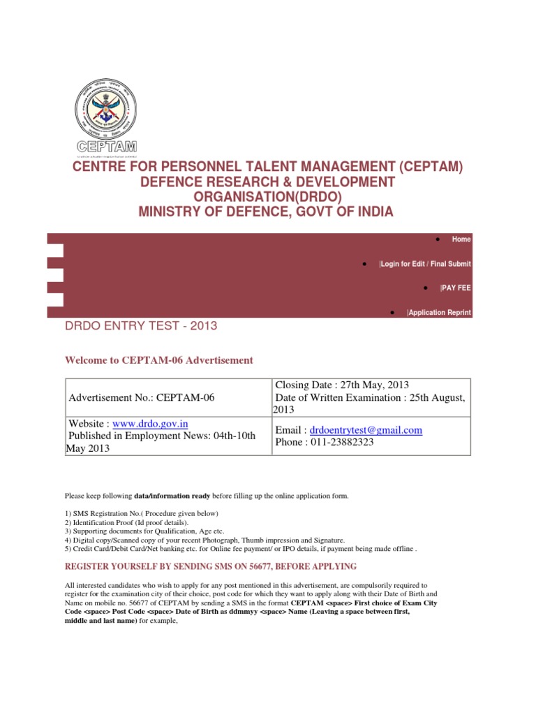 Drdo Entry Test Pdf Identity Document Test Assessment