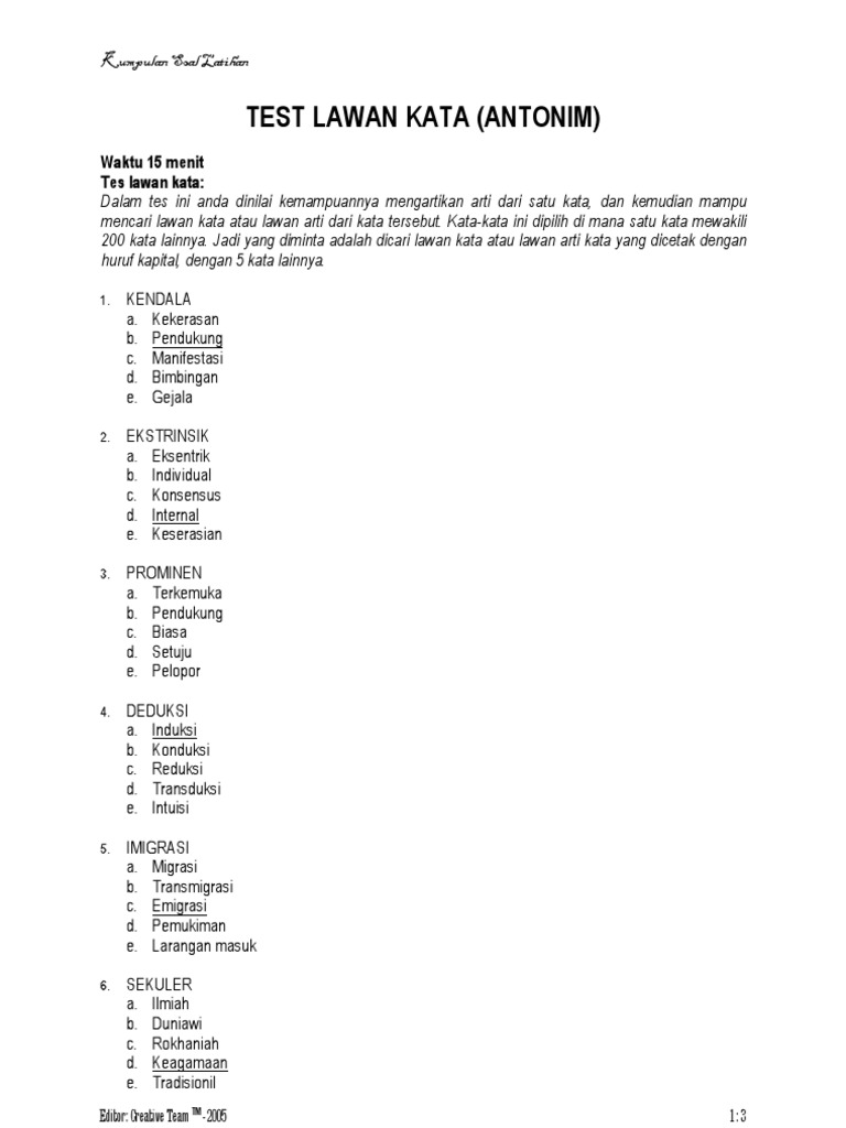 Soal Psikotest Antonim (Lawan Kata)
