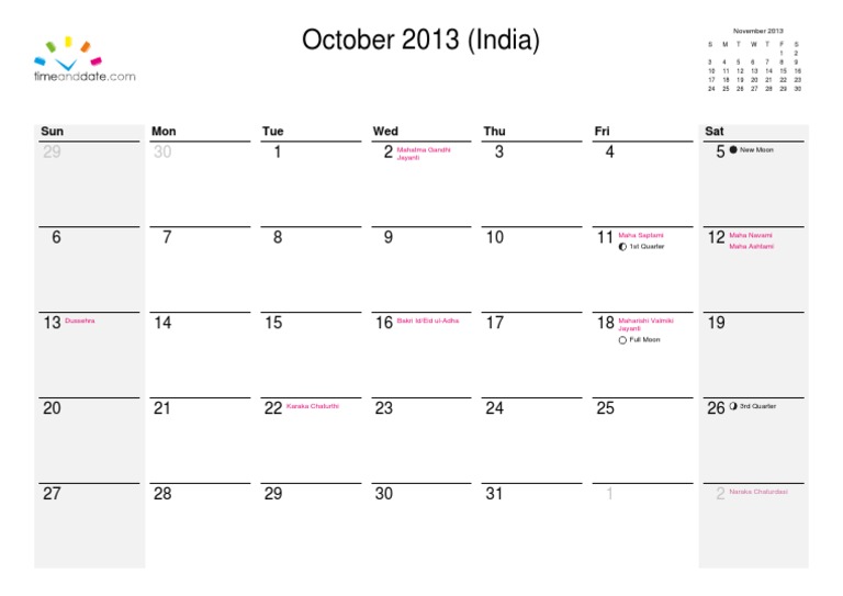 October 2013 India Calendar Events | PDF
