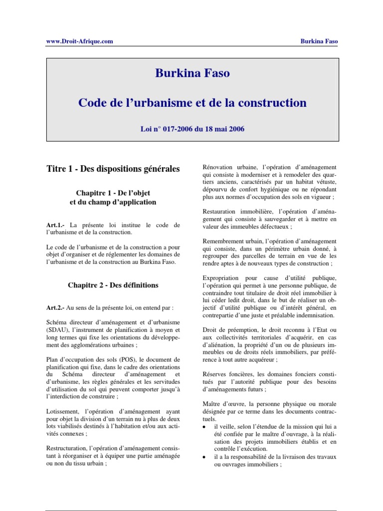 Burkina Code Urbanisme Construction Urbanisme Science