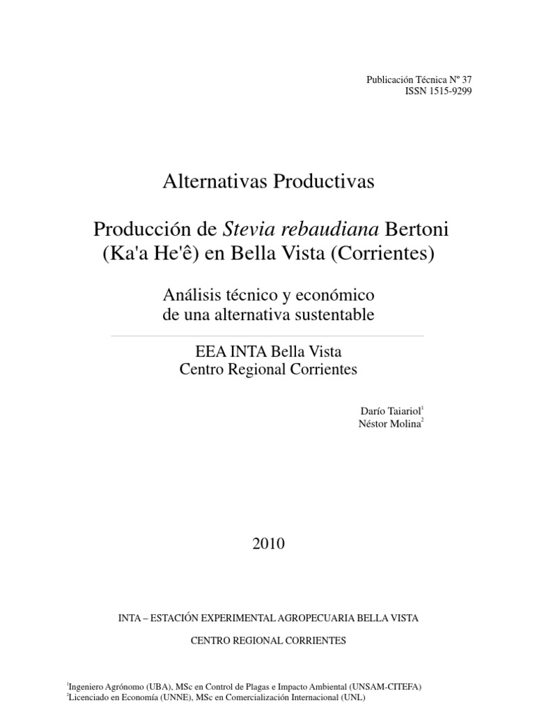 Resultado de imagen para Alternativas Productivas  Producción de Stevia rebaudiana Bertoni (Ka'a He'ê) en Bella Vista (Corrientes) Análisis técnico y económico de una alternativa sustentable