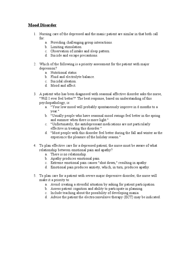 Nursing Care for Mood Disorders | PDF | Mood Disorders ...