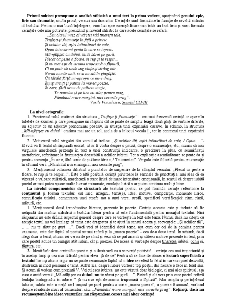 Bac Romana - Sub I - Exemplu Text Liric | PDF