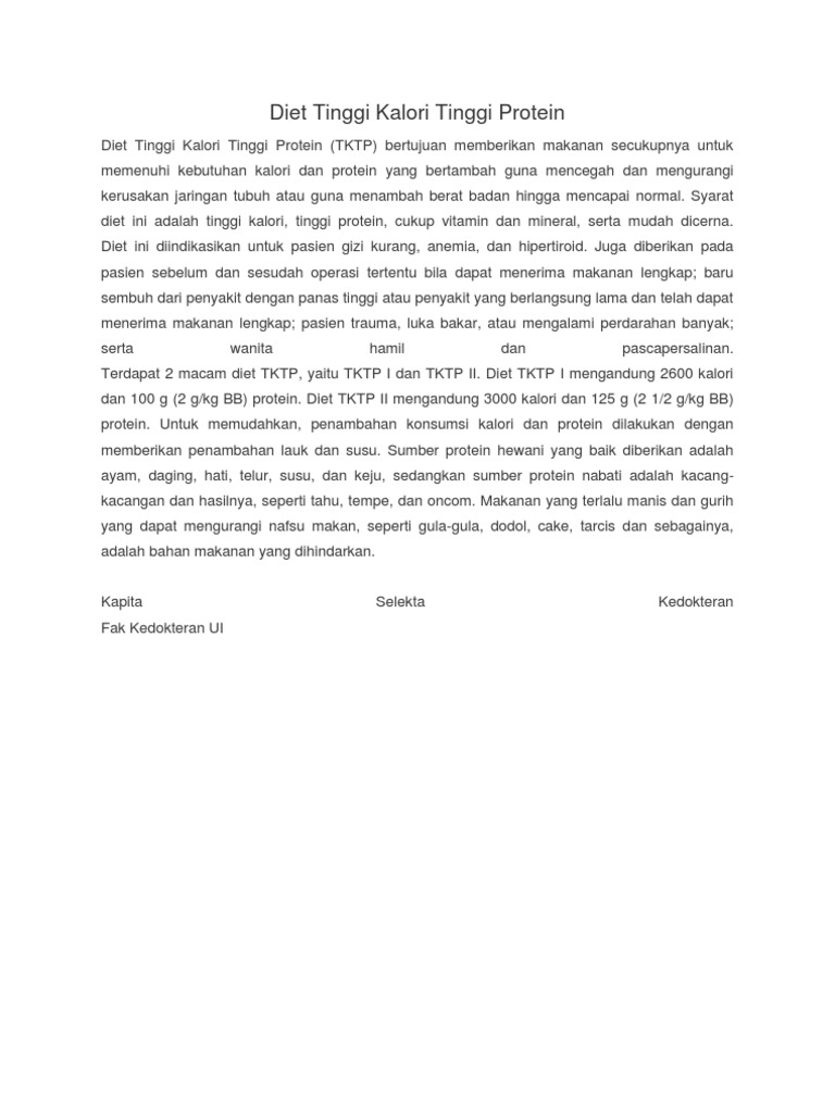 Diet Tinggi Kalori Tinggi Protein