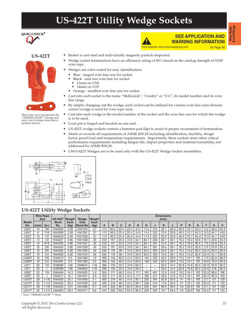 US422T Utility Wedge Sockets See Application and Warning Information