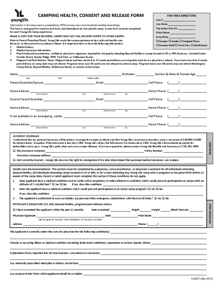 Young Life Camp Health Consent Form | PDF | Health Informatics | Privacy