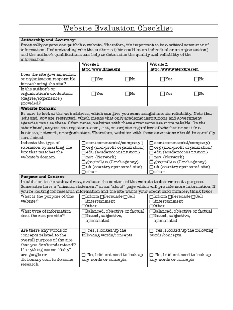 Website Evaluation Checklist Guide | PDF | Career & Growth