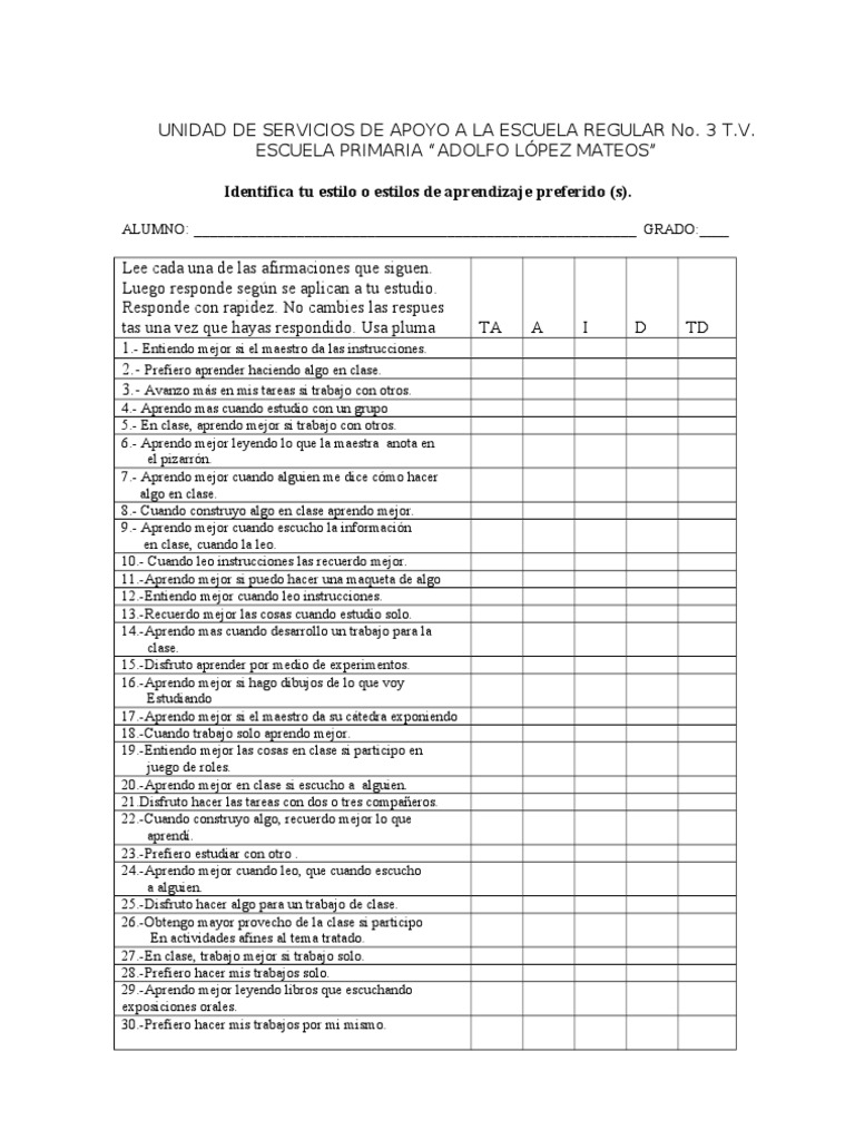 Test de Estilos de Aprendizaje Infantil | PDF