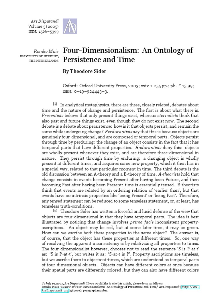 FourDimensionalism An Ontology of Persistence and Time by Theodore