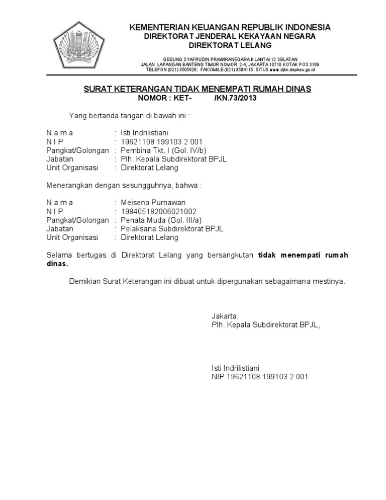 Surat Keterangan Tidak Menempati Rumah Dinas Seno