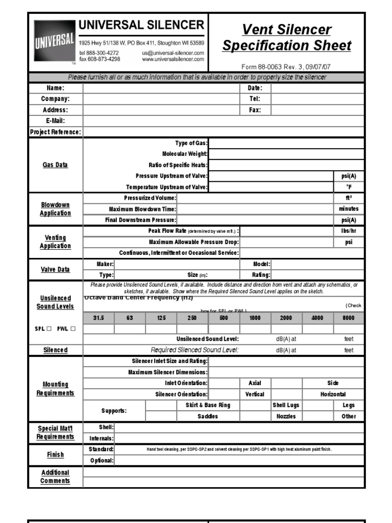 Vent Silencer Spec Sheet PDF Valve Pressure