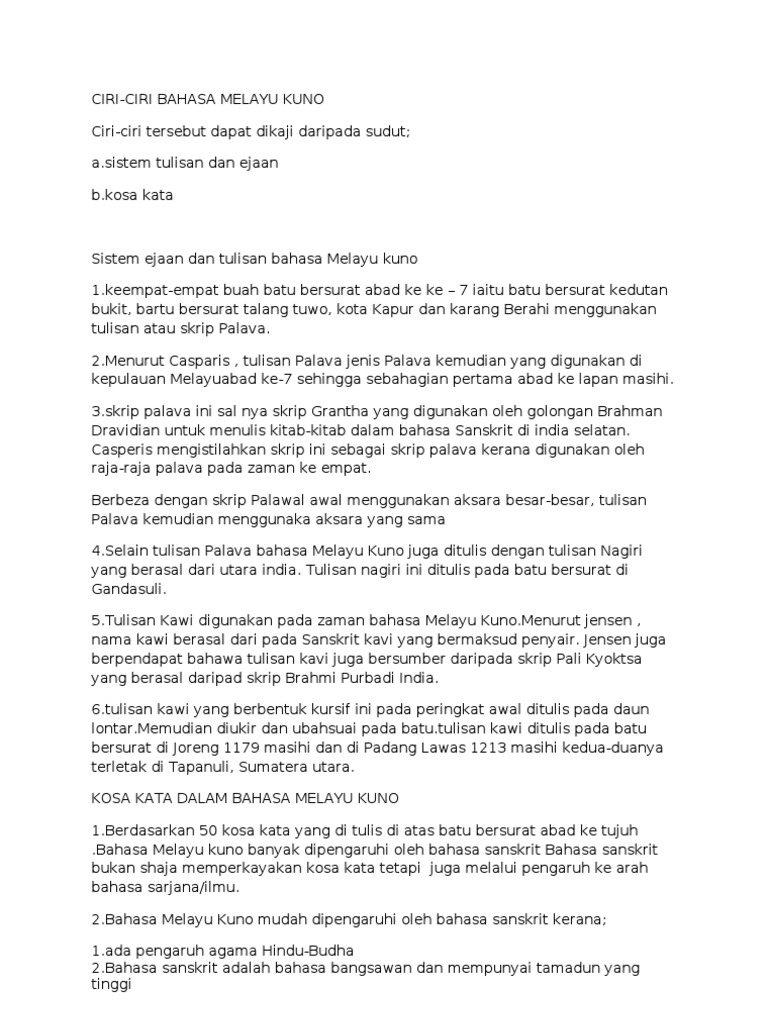 Bahasa Melayu Kuno Ciri Ciri Pdf