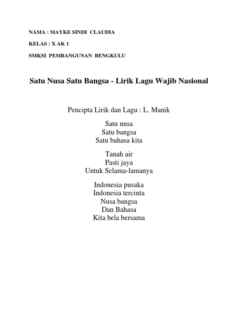 Satu Nusa Satu Bangsa Lirik Lagu Wajib Nasional