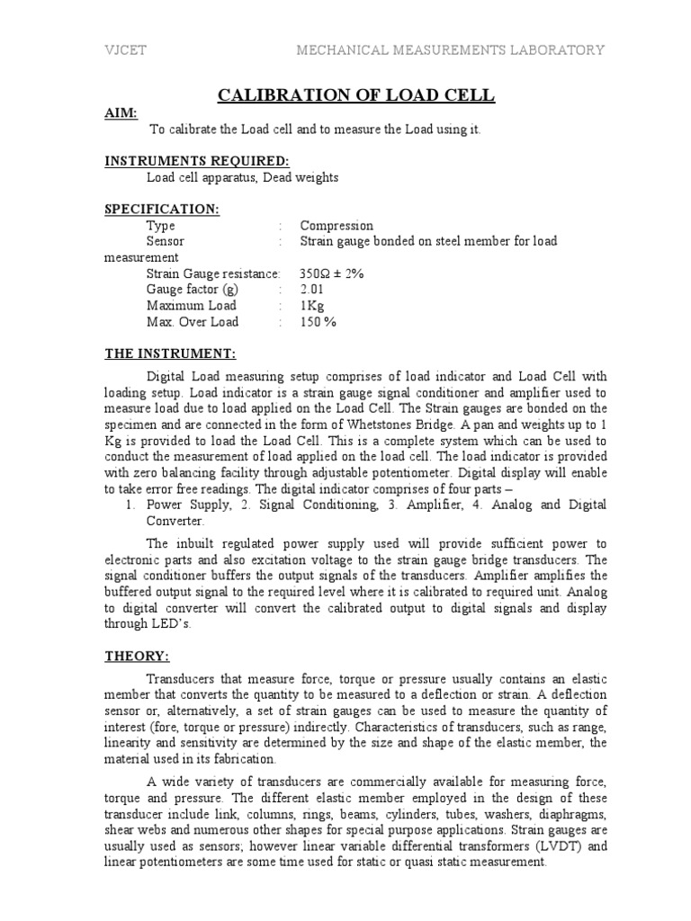 Calibration of Load Cell | PDF | Electricity | Manufactured Goods