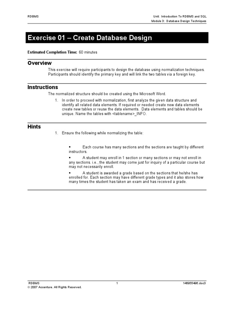 Exercise 01 - Create Database Design: Estimated Completion Time: 60 ...