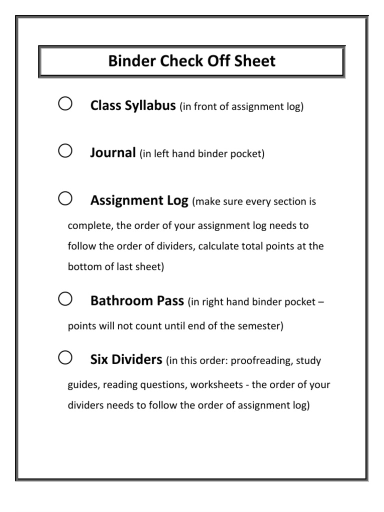 Binder Check Off Sheet PDF