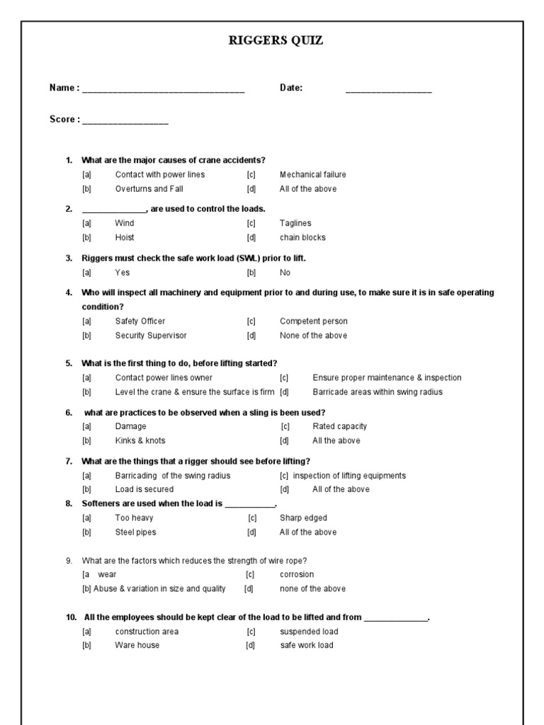 Riggers Safety Quiz for Crane Operations | PDF | Business | Technology ...
