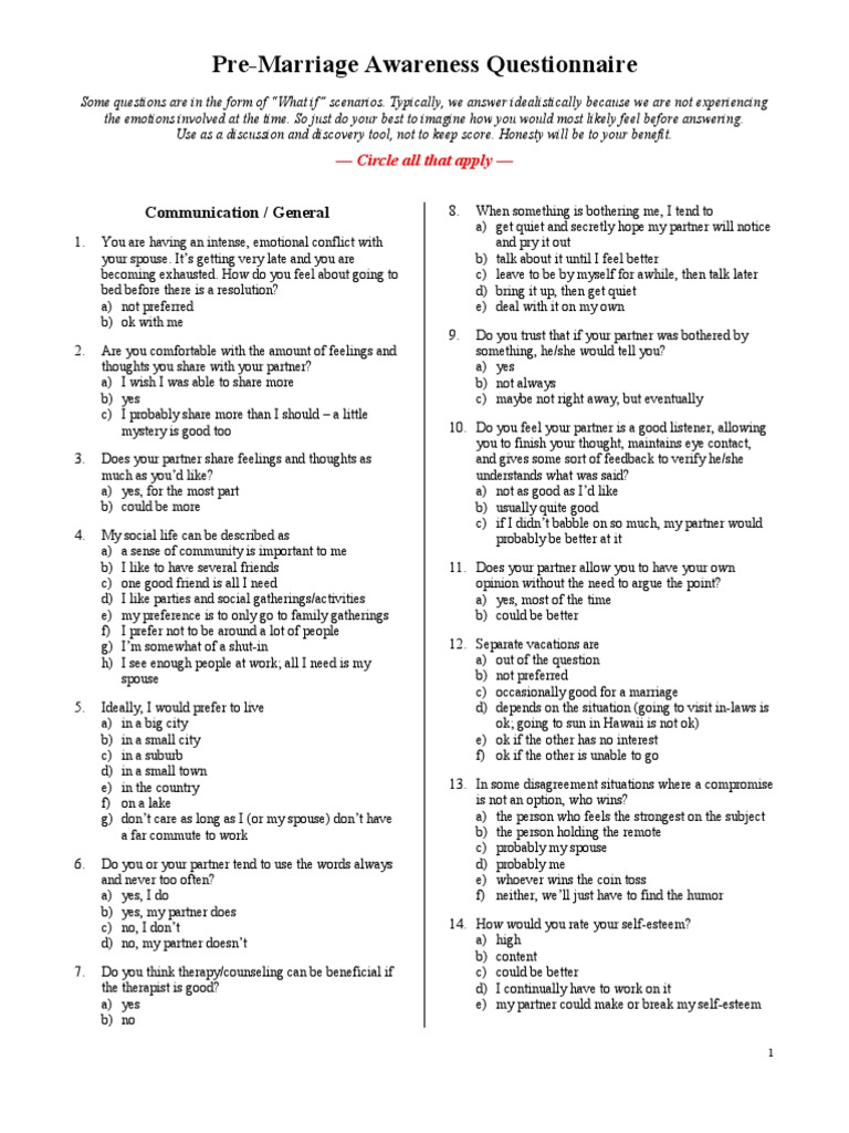 Pre marriage questionnaire for couples