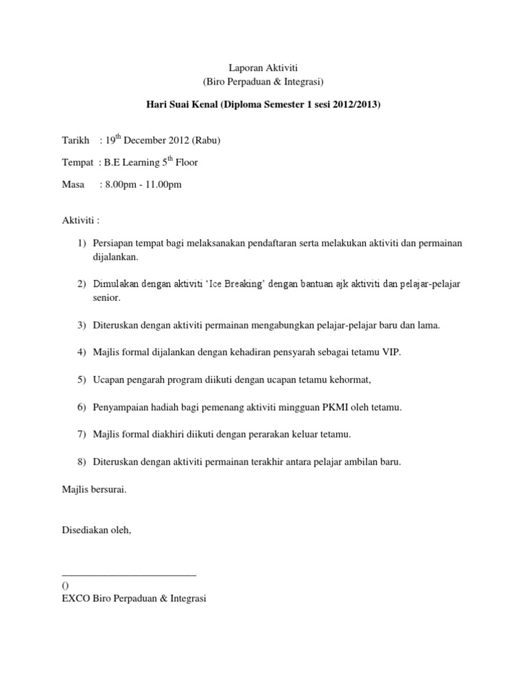 Laporan Aktiviti Contoh