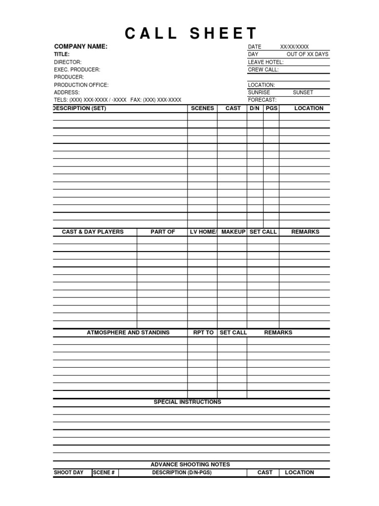Daily Film Call Sheet Template | PDF | Science & Mathematics | Computers