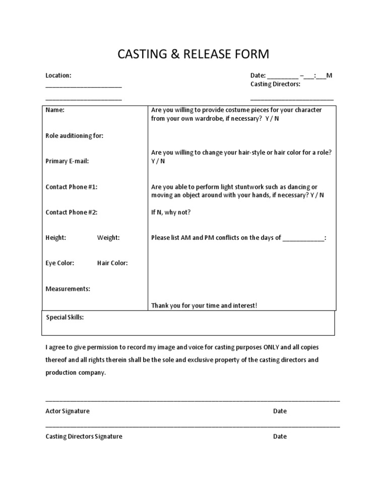 Casting Call Release Form
