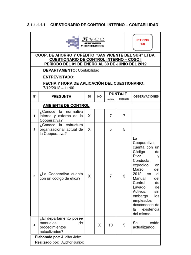 Cuestionario de Control Interno COSO I | PDF | Contralor | Cooperativa