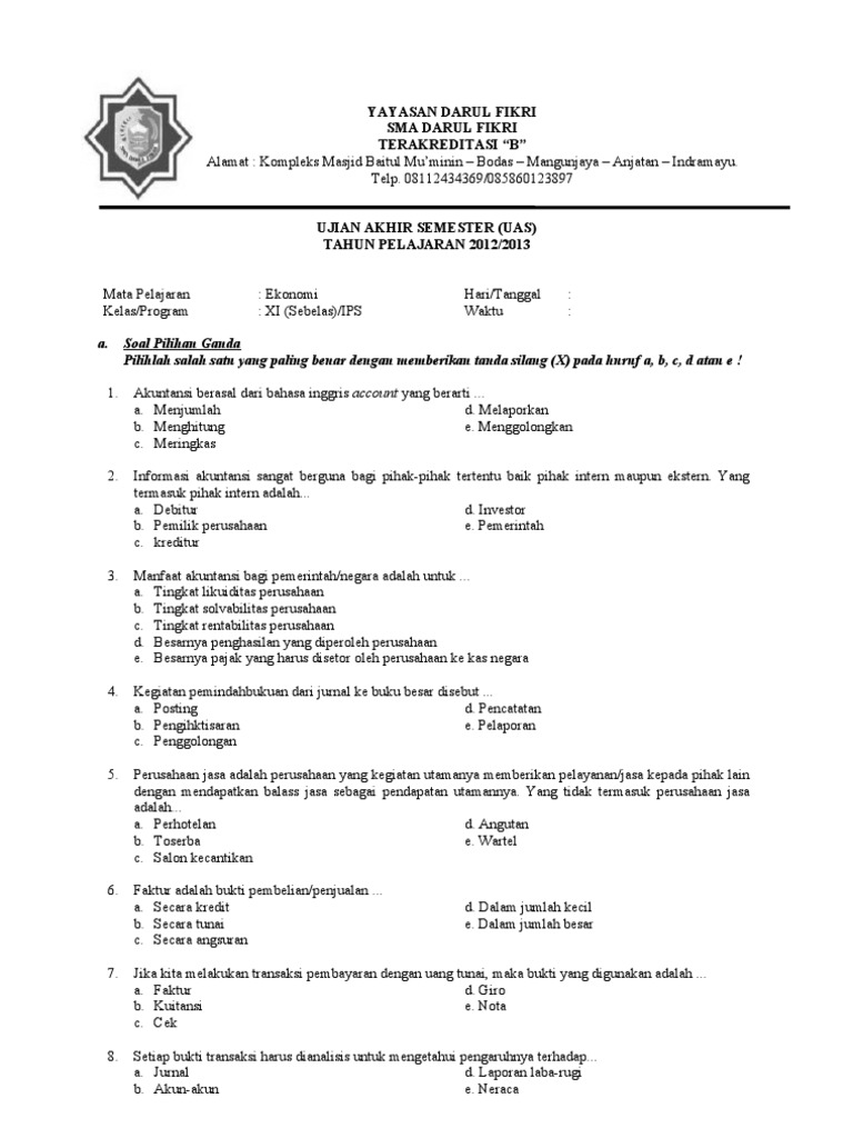 Soal Uas Ekonomi Kelas Xi