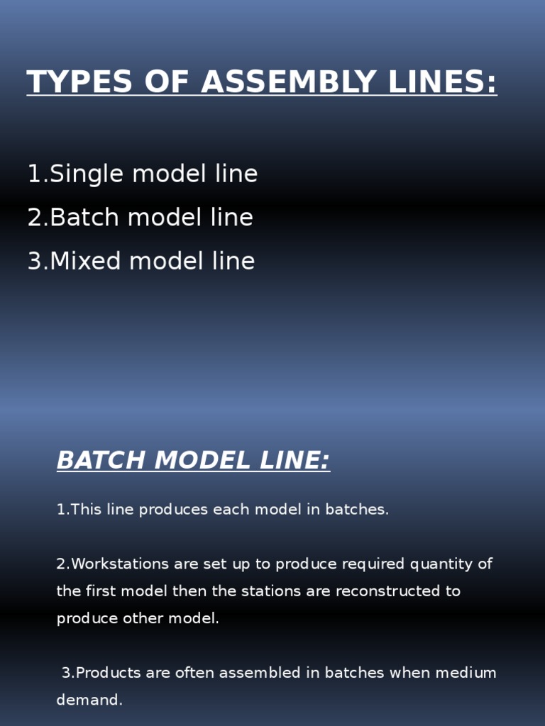 Types of Assembly Lines 1.single Model Line 2.batch Model Line 3
