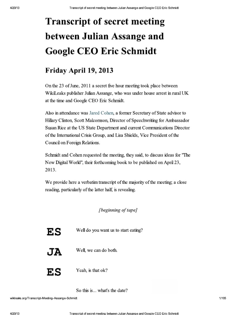 Transcript of Secret Meeting Between Julian Assange and Eric Schmidt | PDF