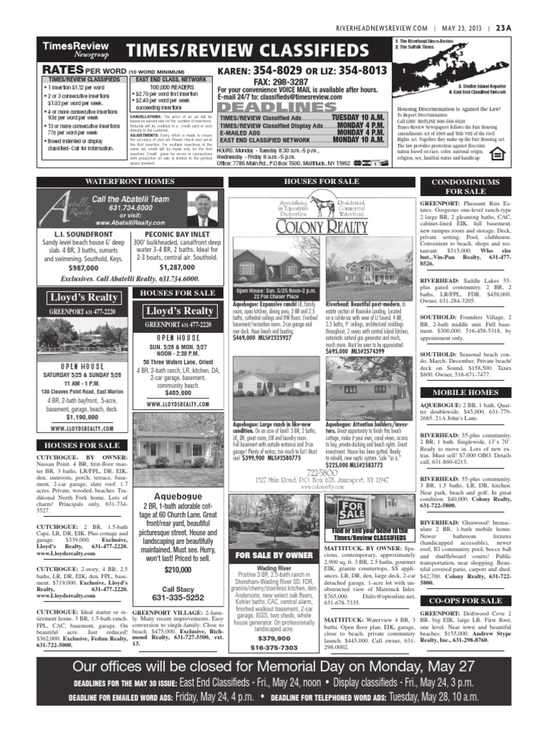 Times/Review Classifieds Deadlines