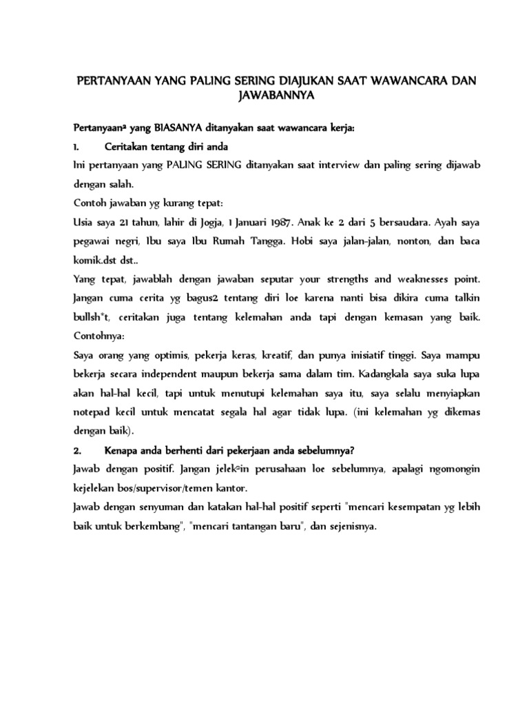 Pertanyaan Yang Paling Sering Diajukan Saat Wawancara Dan Jawabannya