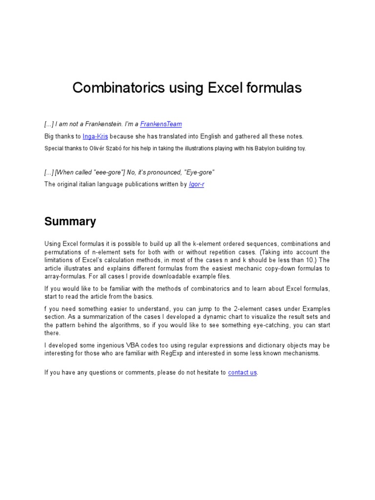 Combinatorics Using Excel Formulas PDF