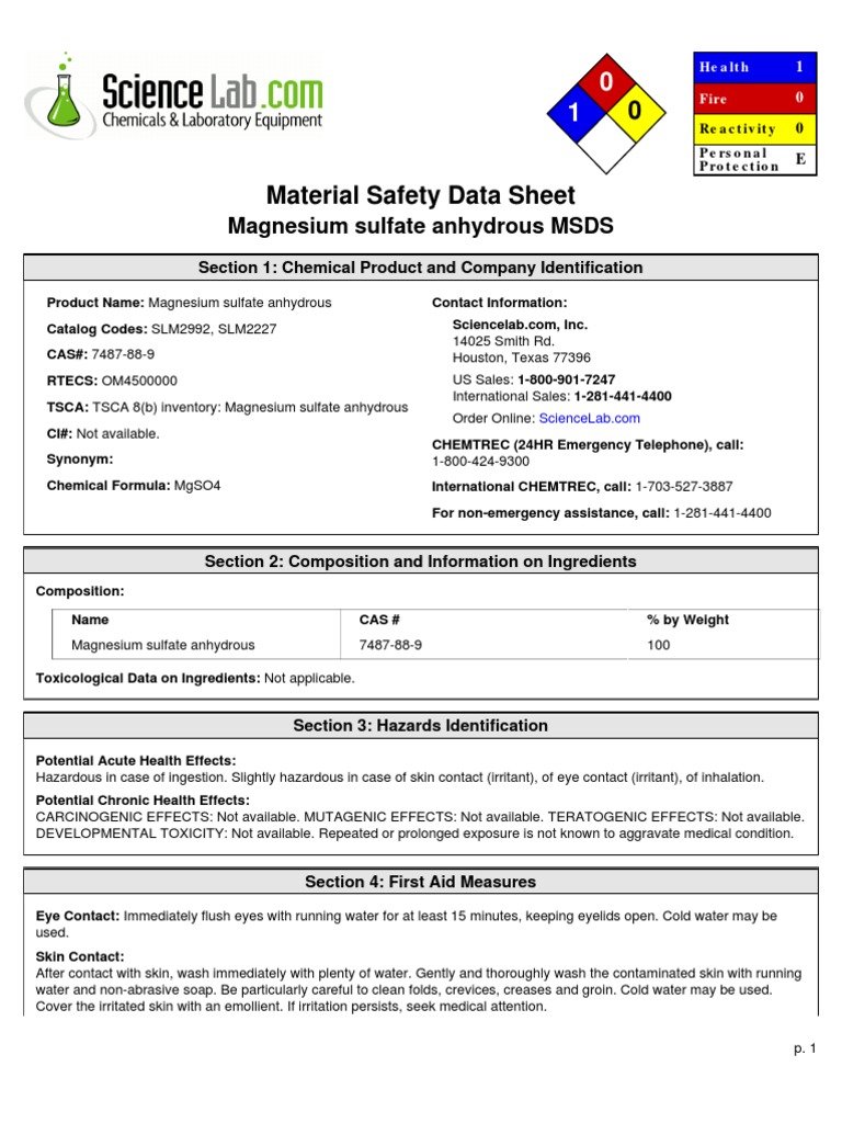 Magnesium Sulfate Anhydrous MSDS Section 1 Chemical Product and