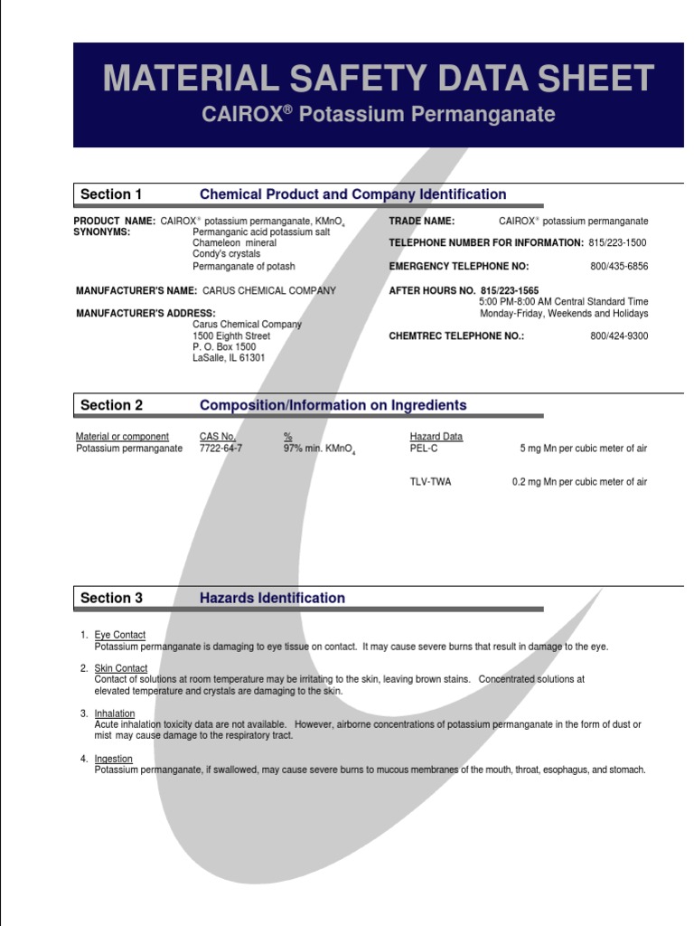 Material Safety Data Sheet Cairox Potassium Permanganate Potassium