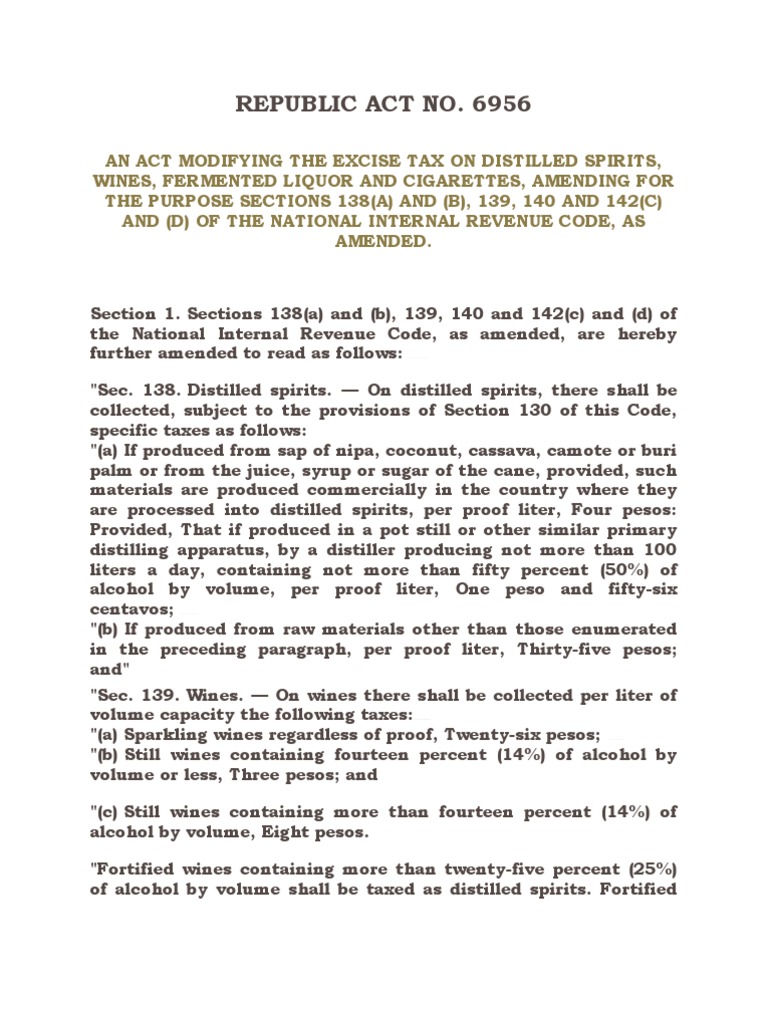 RA 6956 Modifying Excise Tax On Wines, Liquor, Etc PDF Distilled