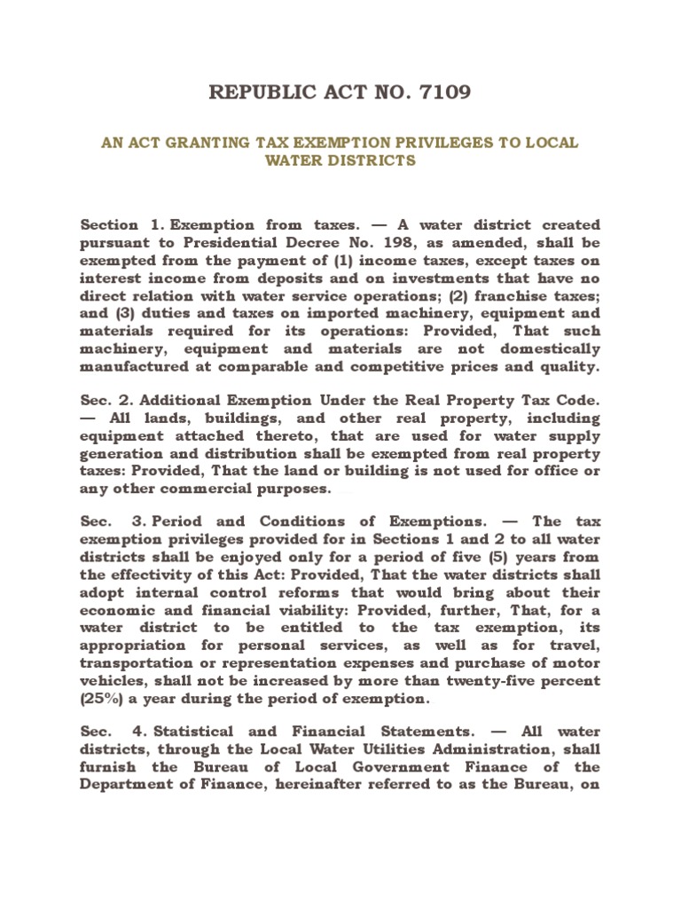 RA 7109 Tax Exemptions To Local Water Districts.. PDF U.S. Securities And Exchange