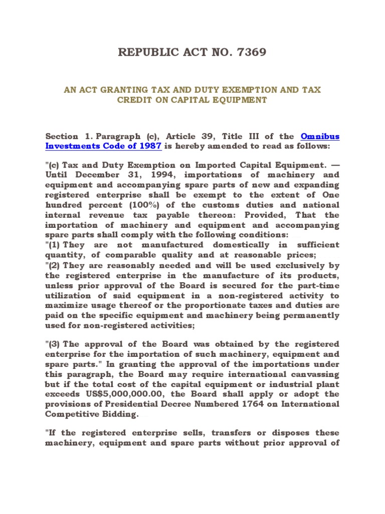 Tax Exemptions for Capital Equipment | PDF | Tariff | Taxes