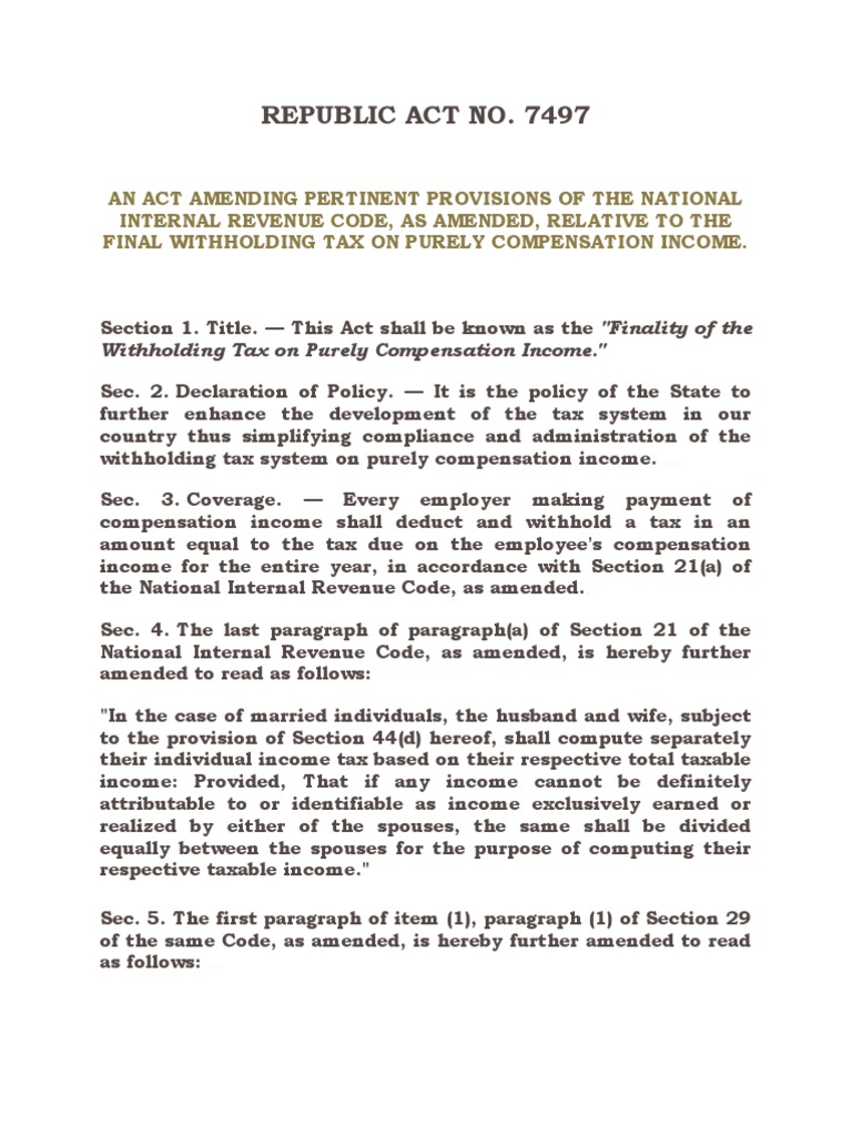 RA 7497-Amendment On NIRC Relative To The Final Witholding Tax... | PDF ...