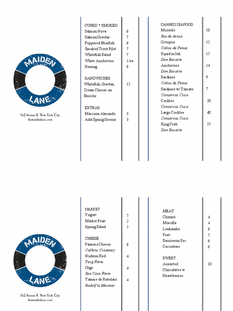 Maiden Lane Working Menu | PDF